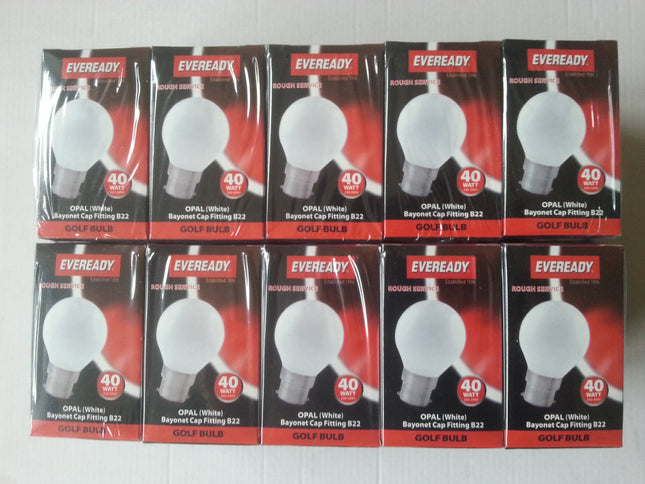 10 X 40 WATT GOLF BALL STANDARD BAYONET CAP (BC, B22) LIGHT BULBS. TOP BRAND