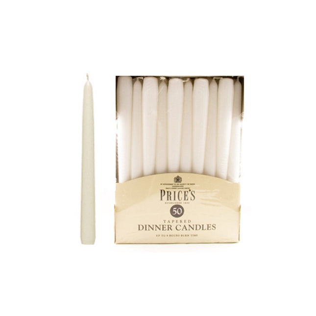 Price's Candles Tapered Dinner Candle Unwrapped 50 Pack White