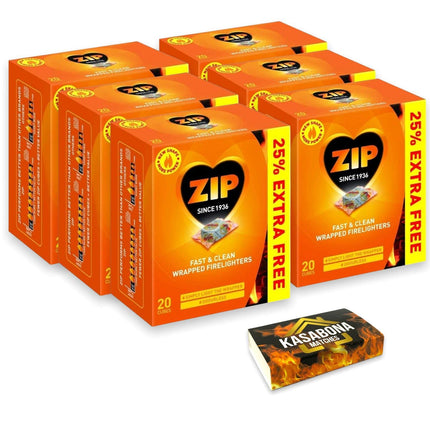1 X Packs of 20 Zip Fast & Clean Wrapped Firelighters Long Burning Reliable for Open Fires BBQs Stoves Chimineas & KasaBona Safety Matches (24 X 20 Cubes)