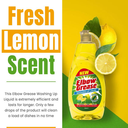 Valuehive Elbow Grease Lemon fresh Washing Up Liquid - Power Degreaser for Glasses Pans and Plates - 3 x 600ml