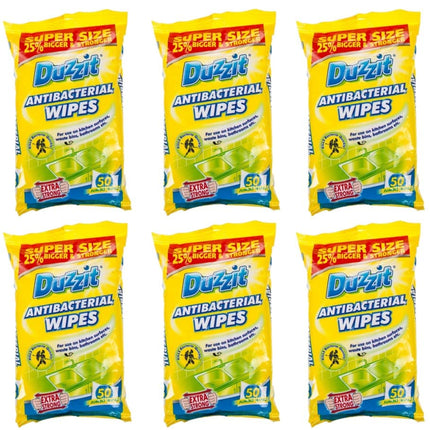 6 x 50 Pack Duzzit Anti Bacterial Wipes Safe For Kitchen Surfaces, Bins And Bathrooms