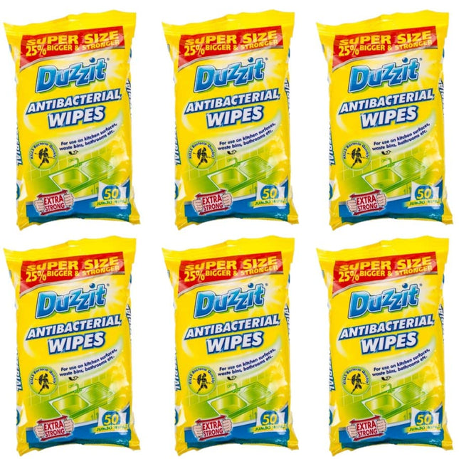 6 x 50 Pack Duzzit Anti Bacterial Wipes Safe For Kitchen Surfaces, Bins And Bathrooms