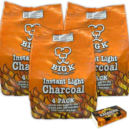 Big K Instant Light Charcoal 12kg (12 x 1kg bags) Instant Lighting Charcoal Char coal BBQ Barbecues with KasaBona Safety Matches