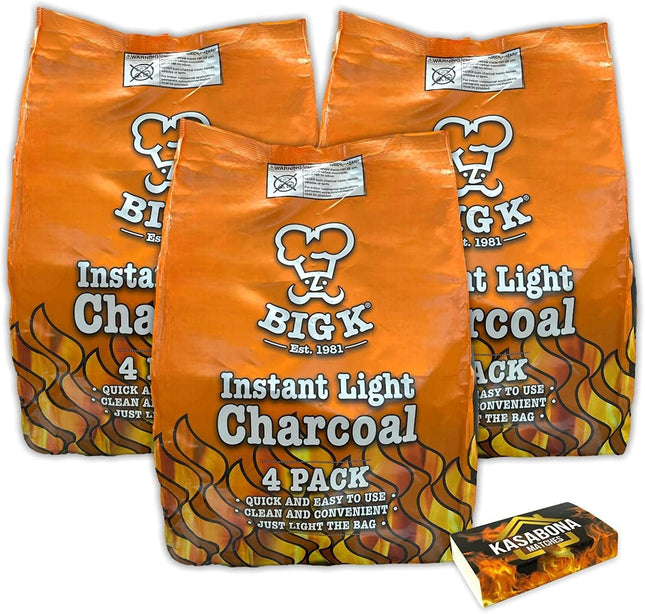 Big K Instant Light Charcoal 12kg (12 x 1kg bags) Instant Lighting Charcoal Char coal BBQ Barbecues with KasaBona Safety Matches