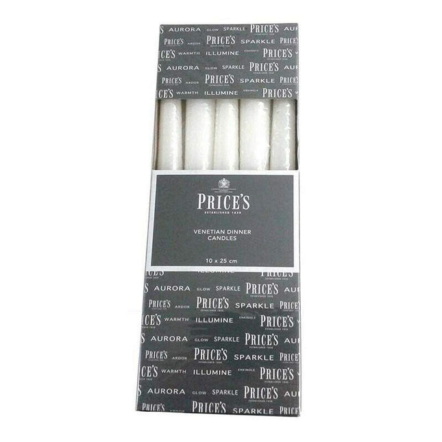 Price's Candles - 10" Venetian Wrapped Dinner Candles - Evergreen - 10 Pack - 7 Hour Burn Time - Unscented - Non-Drip - Solid Colour - Multi-Purpose
