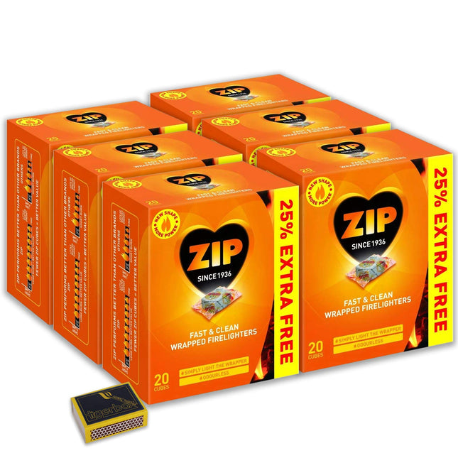 12 X Packs of 20 ZIP Fast & Clean Wrapped Firelighters for Open Fires, BBQs, Stoves, Chimineas & Tigerbox Safety Matches