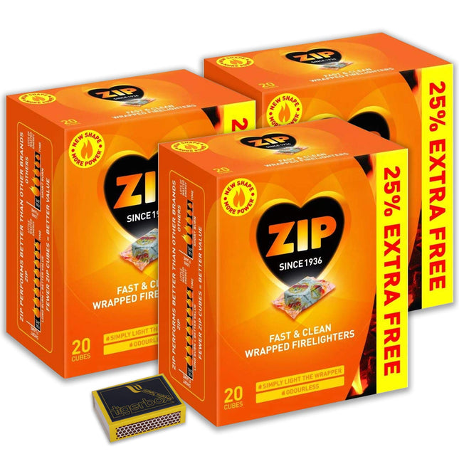 3 X Packs of 20 ZIP Fast & Clean Wrapped Firelighters for Open Fires, BBQs, Stoves, Chimineas & Tigerbox Safety Matches