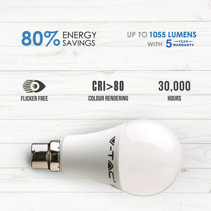 V-TAC B22 LED Light Bulb Bayonet | 11W Equivalent to 75W | Classic Shape Non Dimmable 3000K Warm White | Pack of 12, VT-231