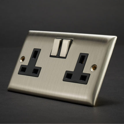 Lyvia Dencon Brushed Stainless Steel/Satin Chrome Double Twin Plug Socket with Rounded Edge and Black Inserts