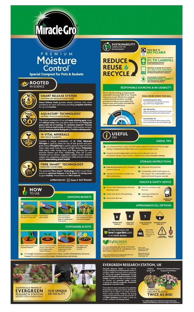 Miracle-Gro Moisture Control Enriched Compost Miracle Gro Pots Baskets 40L