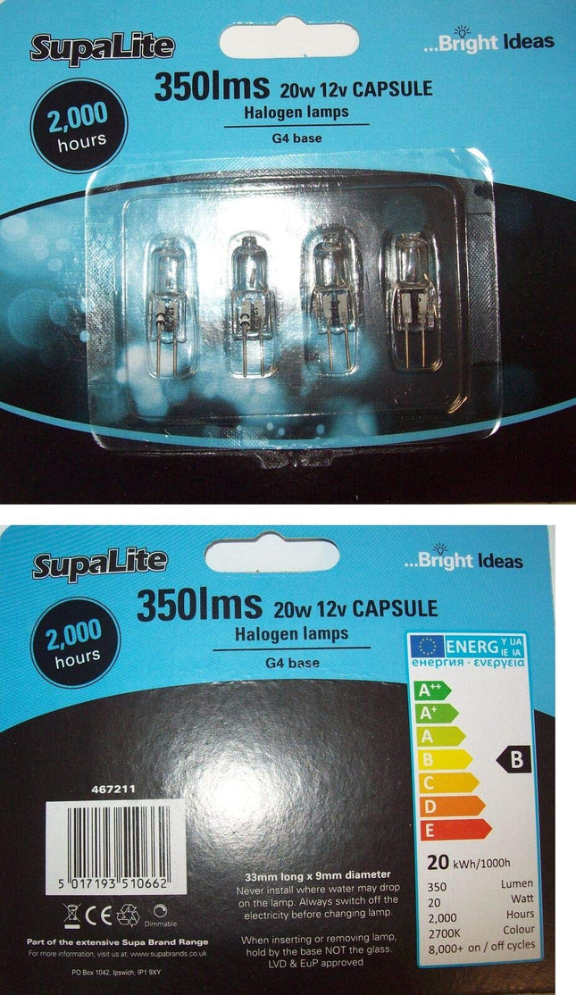 Halogen Capsule Lamps Light Bulbs 4 X 20 WATT 12V, G4 Base