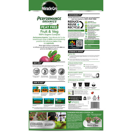 Miracle-Gro 121060 Performance Organics Fruit and Veg PEAT FREE Compost, 40L, White