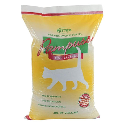 PETTEX PAMPUSS WOODBASE CAT LITTER, 5LT, 15LT, 30LT – PINE FRESH PELLETS (30 Litres)