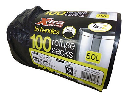 AIL Roll of 100 X-Tra Extra Strong Tie Handle Black Refuse Sack Bin Liner Bags 50 Litre