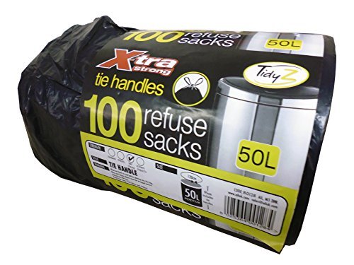 AIL Roll of 100 X-Tra Extra Strong Tie Handle Black Refuse Sack Bin Liner Bags 50 Litre
