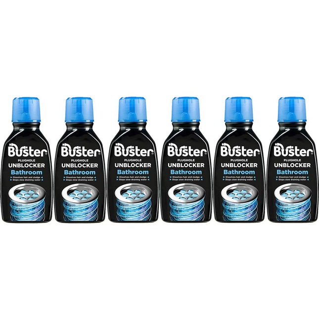 Buster Bathroom Drain Clear Plughole Unblocker 300ml Dissolves Hair & Soap (6 Bottles)