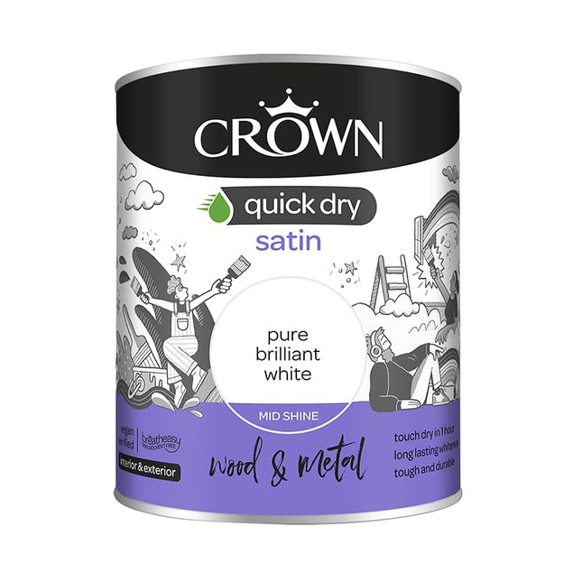 Crown Quick Dry Satin Paint Brilliant White 750ml, Wood, Metal, Int/Ext