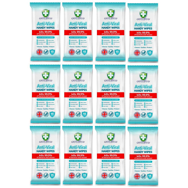 GreenShield Anti-Viral Handy Wipes 15's Kills 99.9% of Bacteria (12 Pack)