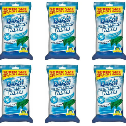 6 x Duzzit Pack of 50 Disinfectant Wipes Kills 99.9% Of Germs