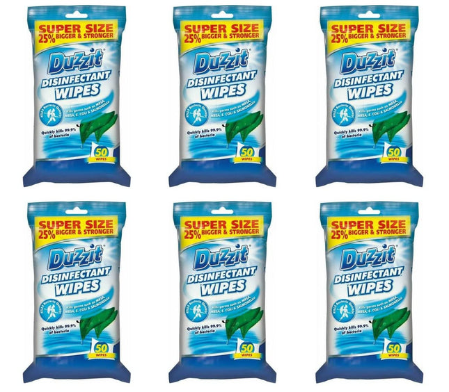6 x Duzzit Pack of 50 Disinfectant Wipes Kills 99.9% Of Germs