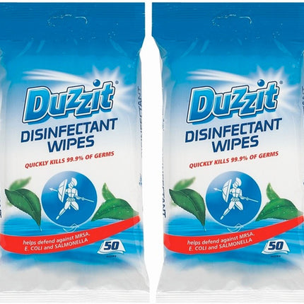 Duzzit 2 x Pack of 50 Disinfectant Wipes Kills 99.9% Of Germs