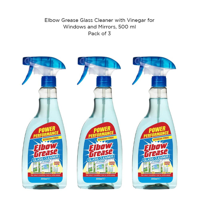 Elbow Grease Glass Cleaner with Vinegar for Windows and Mirrors, 500 ml - Window Cleaning Equipment (Pack of 3)