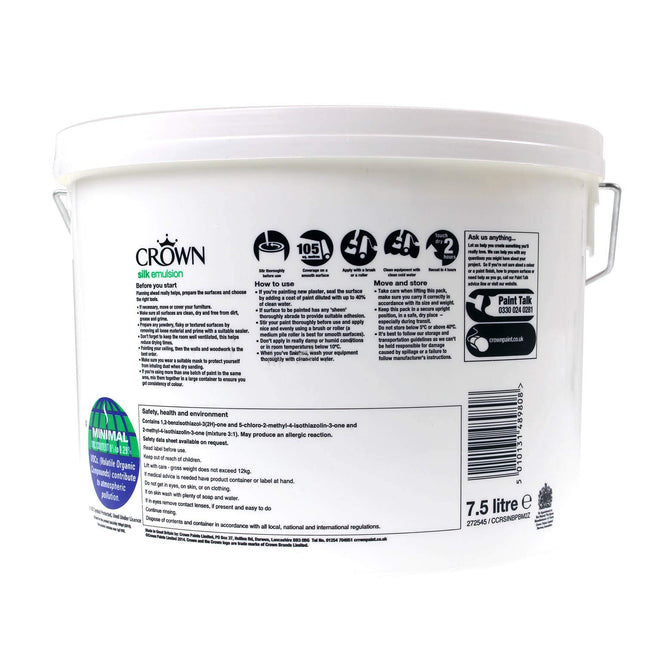 Crown Silk Wall & Ceiling Paint Emulsion - Pure Brilliant White - 7.5 litres