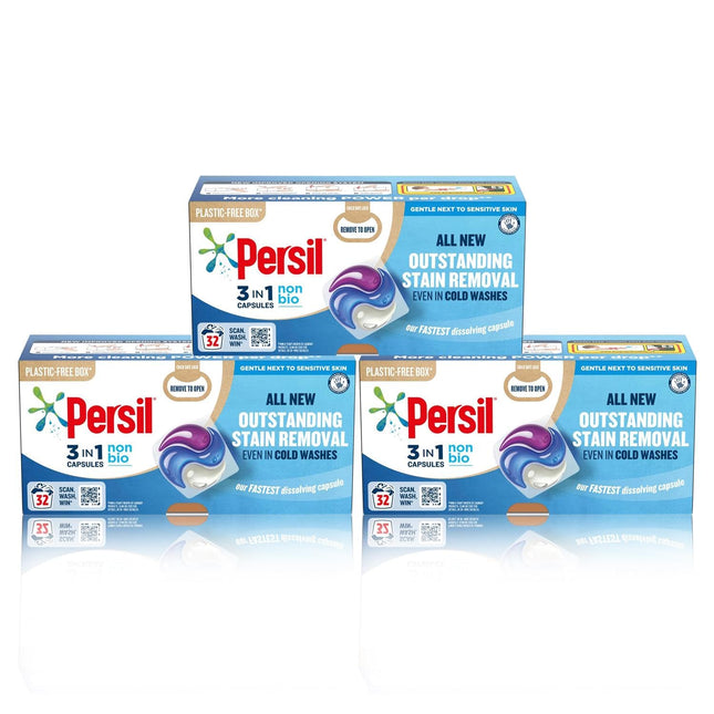 Persil 3 in 1 Non Bio Washing Capsules laundry capsules that are gentle next to sensitive skin with recyclable, plastic-free box* 3x 32 capsules (96 washes)