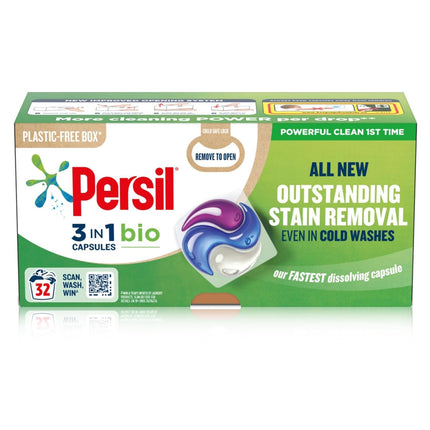 Persil 3 in 1 Bio Washing Capsules laundry capsules for a powerful clean 1st time with recyclable, plastic-free box* 3x 32 capsules (96 washes)