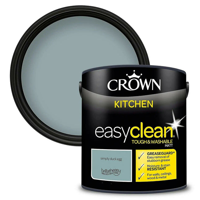 2.5L CROWN Easyclean Kitchen MATT Emulsion Multi Surface Paint With GREASEGUARD+ That can be Used on Walls, Ceilings, Wood and Metal. Stain & Scrub Resistant Formula – Simply Duck Egg