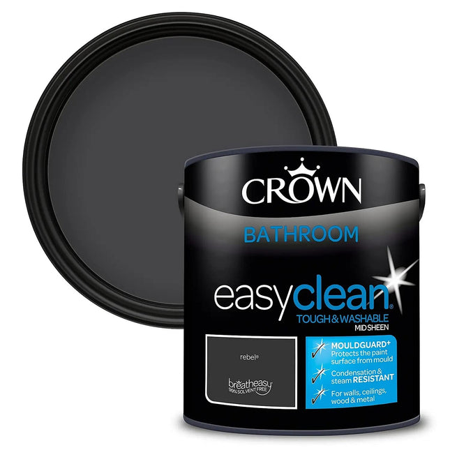 2.5L CROWN Easyclean Bathroom MID-SHEEN Emulsion Multi Surface Paint With MOULDGUARD+ That can be Used on Walls, Ceilings, Wood and Metal. Stain & Scrub Resistant Formula – Rebel