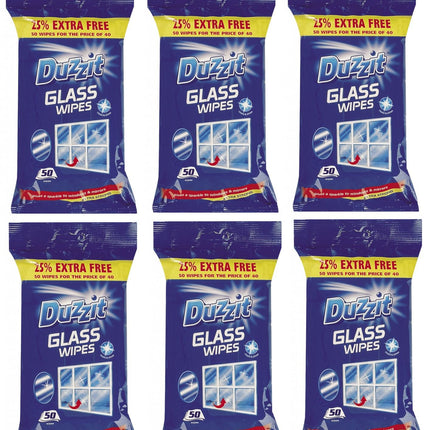 Duzzit 6 x Glass Window Mirror Cleaning Wipes Pack Of 50