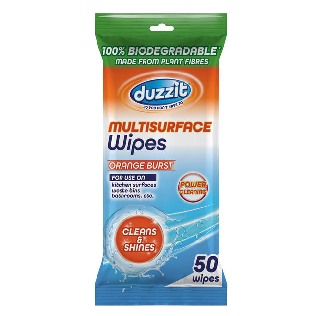 Duzzit Multisurface Wipes100 Percent Biodegradable Wipes, Pack 50 Wipes, Orange Burst Fragrance