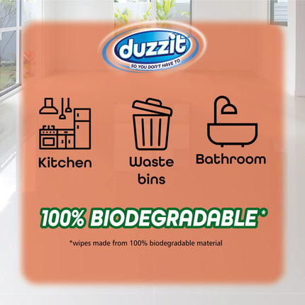 Duzzit Multisurface Wipes100 Percent Biodegradable Wipes, Pack 50 Wipes, Orange Burst Fragrance