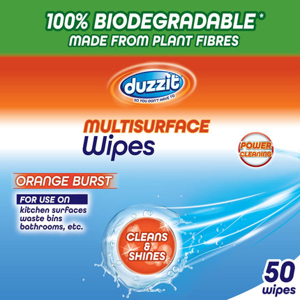 Duzzit Multisurface Wipes100 Percent Biodegradable Wipes, Pack 50 Wipes, Orange Burst Fragrance