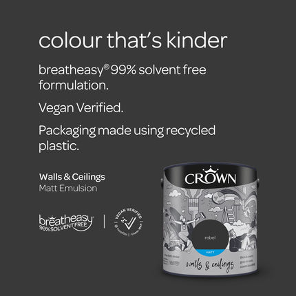 CROWN 2.5L Breatheasy MATT Emulsion Paint for Walls & Ceilings - Rebel Black