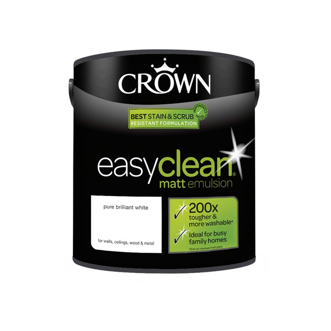 2.5L CROWN Easy Clean MATT Emulsion Multi Surface Paint That can be Used on Walls, Ceilings, Wood and Metal. Stain & Scrub Resistant Formula – Pure Brilliant White