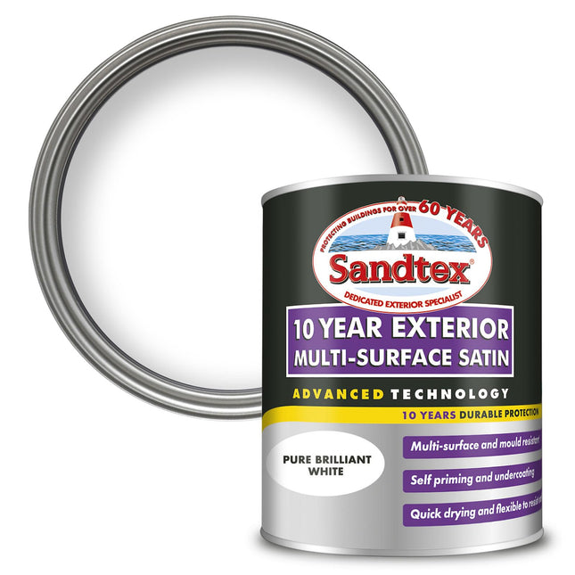 Sandtex 10 Year Multi Surface Satin Paint Brilliant White 750ml