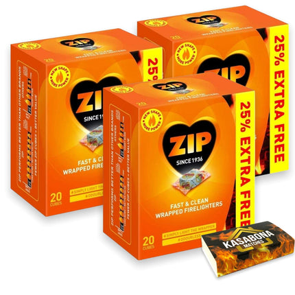 1 X Packs of 20 Zip Fast & Clean Wrapped Firelighters Long Burning Reliable for Open Fires BBQs Stoves Chimineas & KasaBona Safety Matches (3 X 20 CUBES)