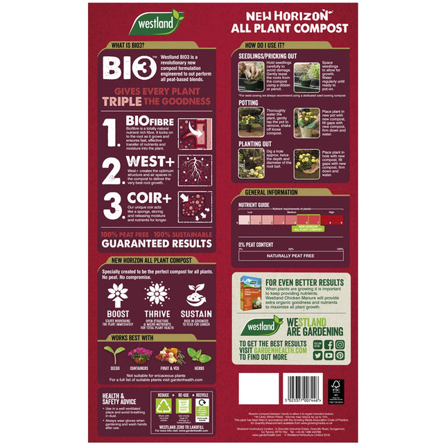 Westland New Horizon All Plant Compost 100% Peat Free 60L
