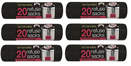 Tidyz 6 X 20 (120 Tie Handles Kitchen Liners 50L Extra Strong Black Swing Bin Bags Refuse Waste Rubbish Sacks