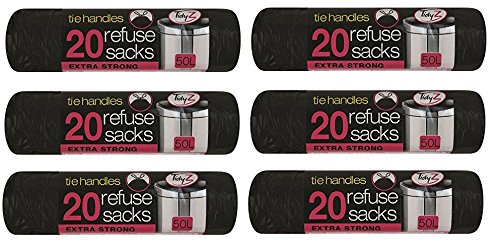 Tidyz 6 X 20 (120 Tie Handles Kitchen Liners 50L Extra Strong Black Swing Bin Bags Refuse Waste Rubbish Sacks