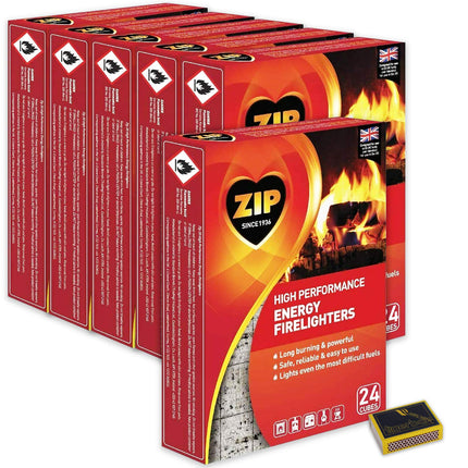 6 X Packs of 24 Zip High Performance Energy Block Firelighters. Long Burning, Powerful & Reliable for Open Fires, Stoves, BBQs & Tigerbox Safety Matches
