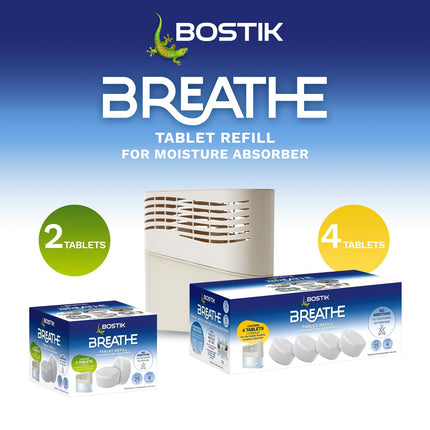 Bostik Breathe Dehumidifier Refill Tablets Pack of 4 - Cover Areas Up to 25m2 - Dye-Free and Fragrance Free - For Use Around The Home and in Caravans and Motorhomes - Last up to 4 Months