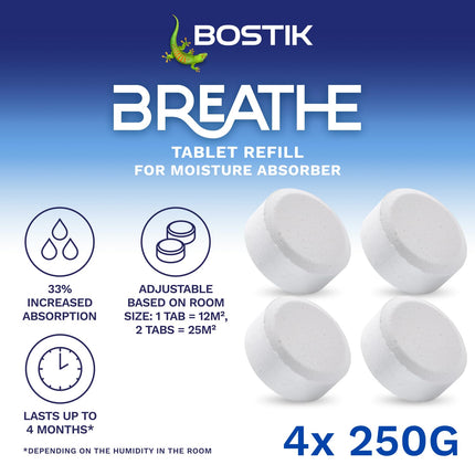 Bostik Breathe Dehumidifier Refill Tablets Pack of 4 - Cover Areas Up to 25m2 - Dye-Free and Fragrance Free - For Use Around The Home and in Caravans and Motorhomes - Last up to 4 Months