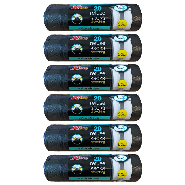 TidyZ 20 x Black 50L Drawstring Refuse Sacks Waste Swing Bin Liners Extra Strong Rubbish Bags (120 Bags)