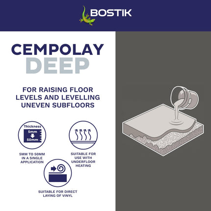 Bostik Cempolay Deep Self-Levelling Compound Grey - 20kg - Apply Between 5mm and 50mm - Fast Setting