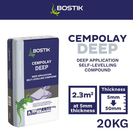 Bostik Cempolay Deep Self-Levelling Compound Grey - 20kg - Apply Between 5mm and 50mm - Fast Setting