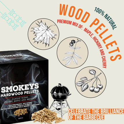 TOPLINE Big K Smokey's Premium Hardwood Pellets - 9 kg Box of 100% Natural Classic Blend Cherry, Maple & Hickory BBQ Wood Smoking Pellets with Card for Woodfire Grills, Smokers & Pizza Ovens., Brown