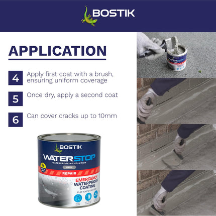 Bostik Waterstop Emergency Coat Grey - 1kg - Quick Drying - Instant Sealing Coating For Roofs And Gutters